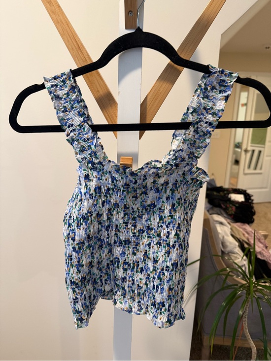 Veronica Beard Tops - Veronica Beard White Smocked Floral-Print Tank with Blue and Green Accents